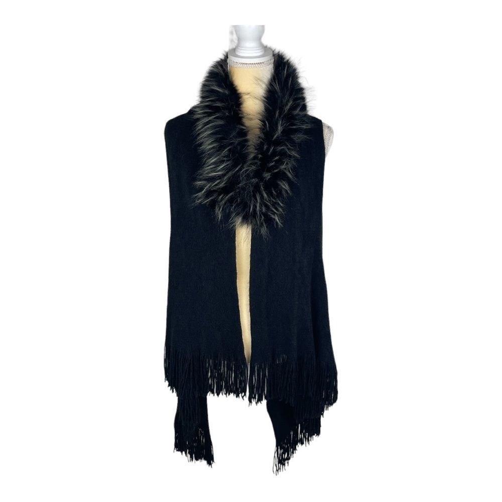 Kensie Black Vest with Faux Fur Trim Fringe at Hem One Size NWT